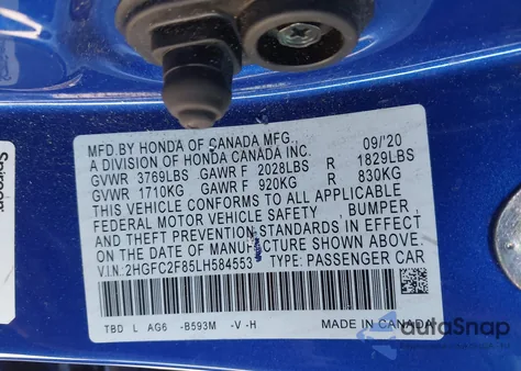 2020 Honda Civic Sport из США, поврежденный, VIN 2HGFC2F85LH584553